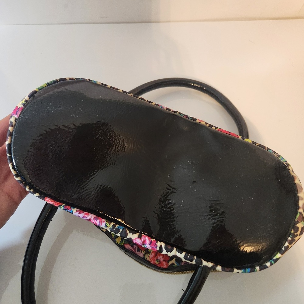 Betsey Johnson Leopard Floral Rose Dome Satchel Handbag Black Patent Trim - Picture 5 of 8
